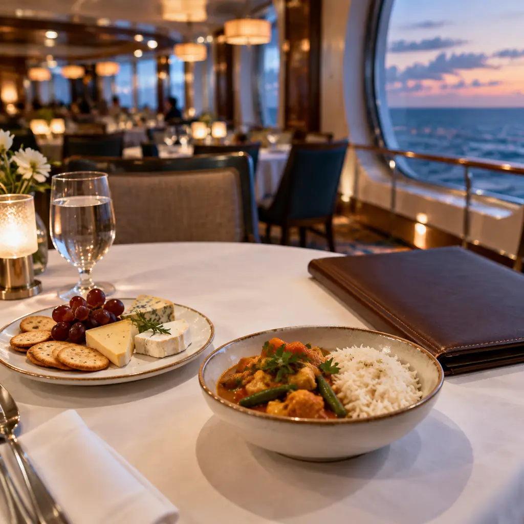 A cheese plate and a bowl of vegetable curry beside a closed menu on a cruise ship dining table