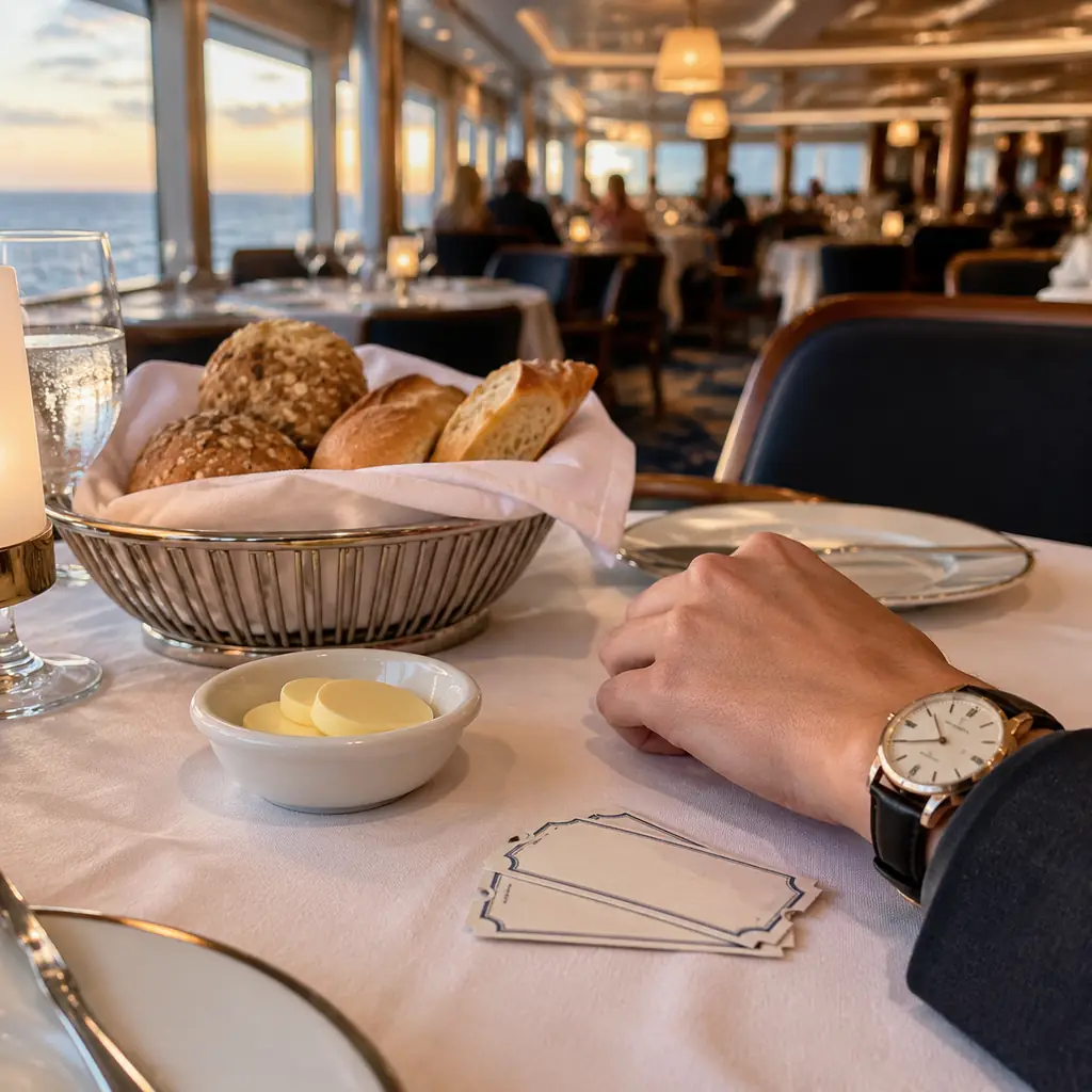 Bread basket beside two show tickets and a wristwatch on a cruise ship dinner table
