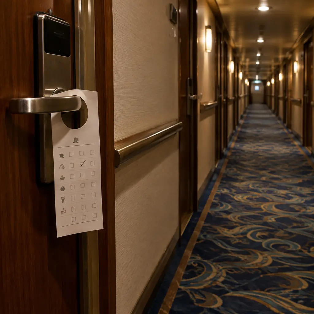 Paper breakfast order card hanging on a cabin door handle in a cruise ship corridor at night