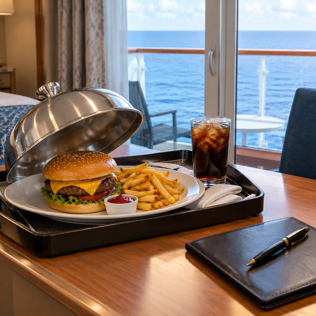 Room service burger and fries on a cruise cabin desk beside a folded bill presenter