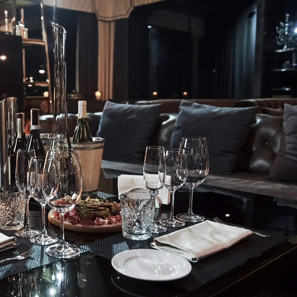 A dimly lit specialty restaurant with leather seating and set tables