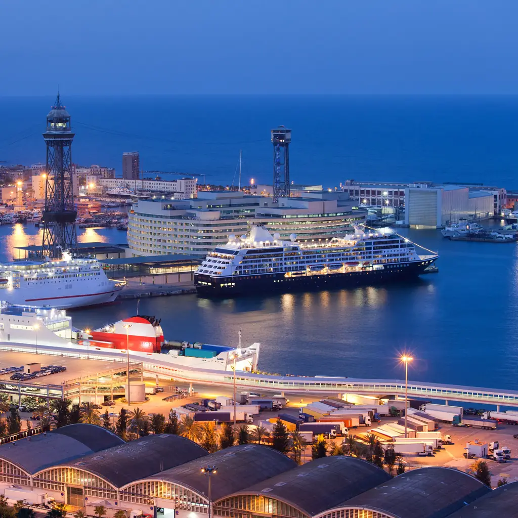 Cruise ships docked in Barcelona at blue hour