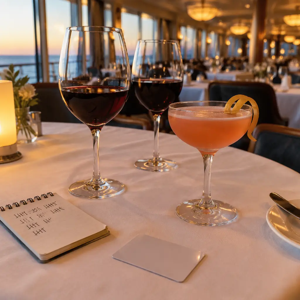 Wine and cocktail glasses beside a handwritten tally on a cruise ship dinner table
