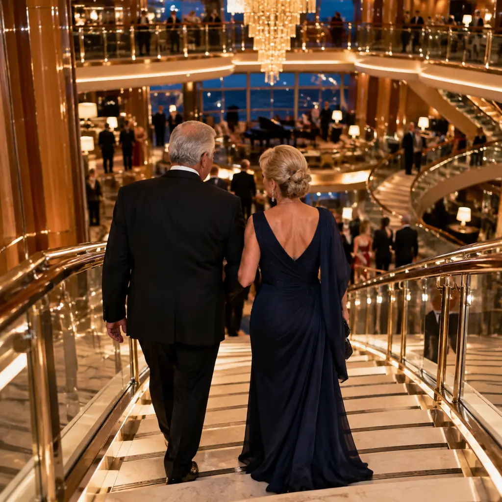 Couple in formal evening wear on a cruise ship staircase at night