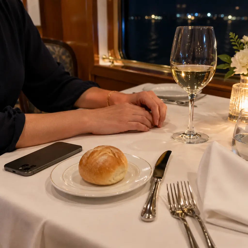 Phone placed face down beside a bread plate on a set cruise dinner table