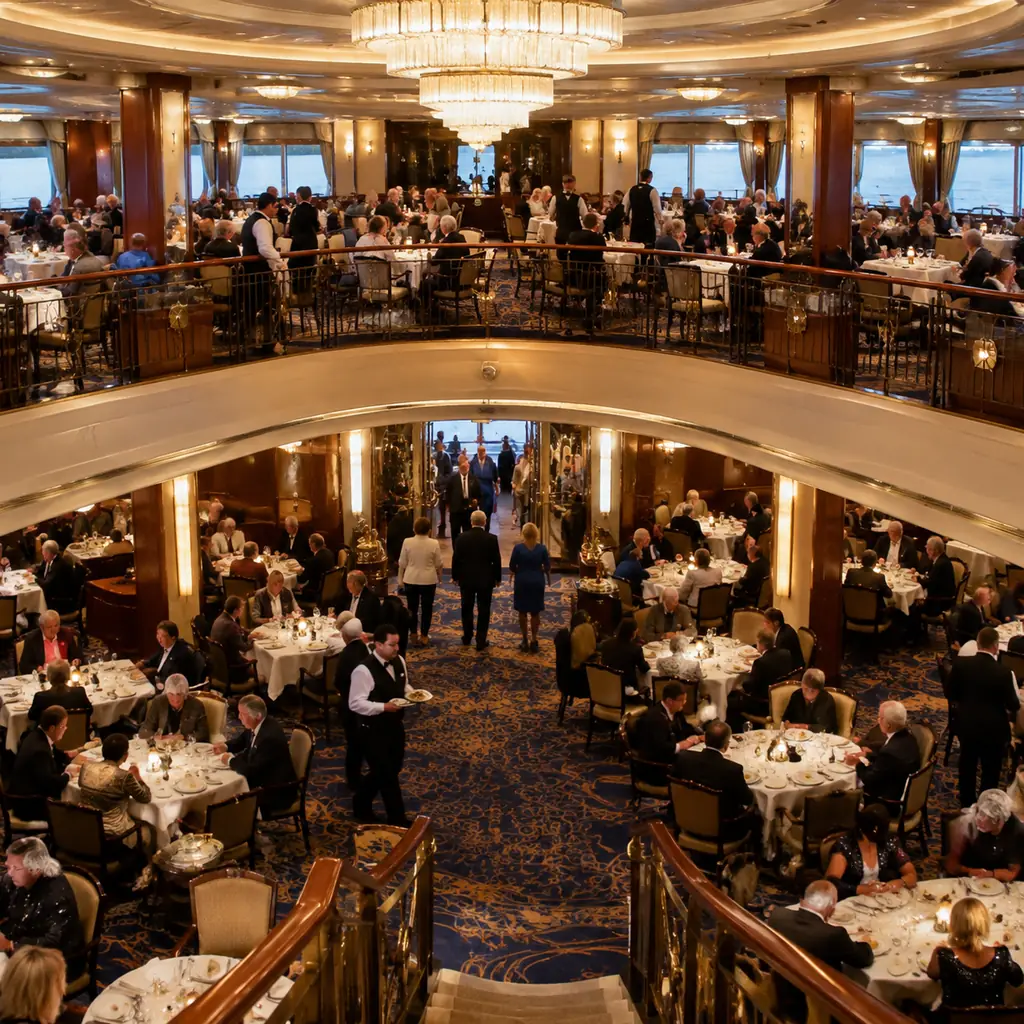 Busy two-level cruise ship main dining room during dinner service with passengers waiting near the entrance