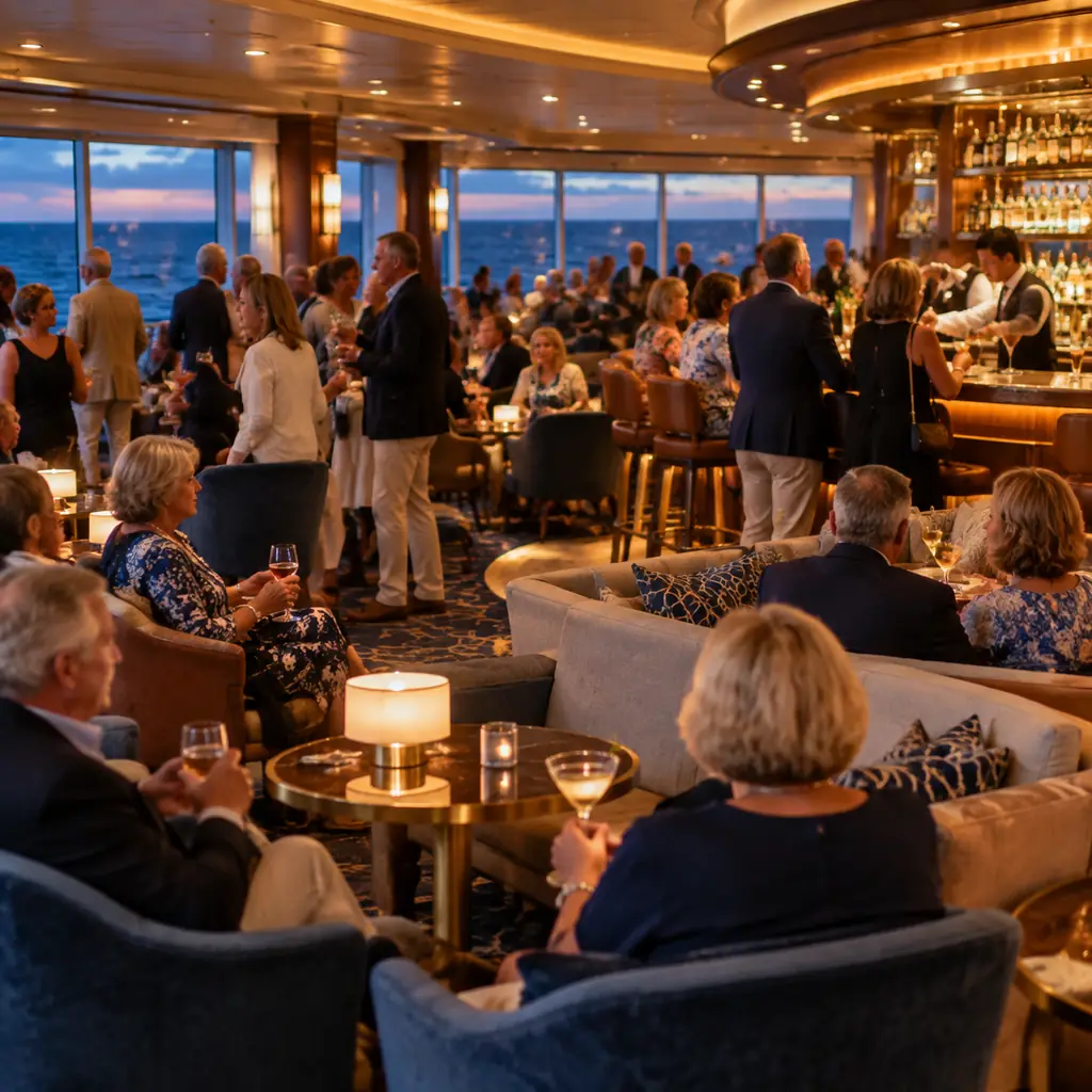 A crowded cruise ship lounge during the evening happy hour