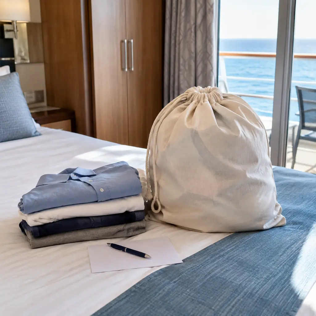 A filled laundry bag and folded clothes on a cruise cabin bed beside a blank laundry slip
