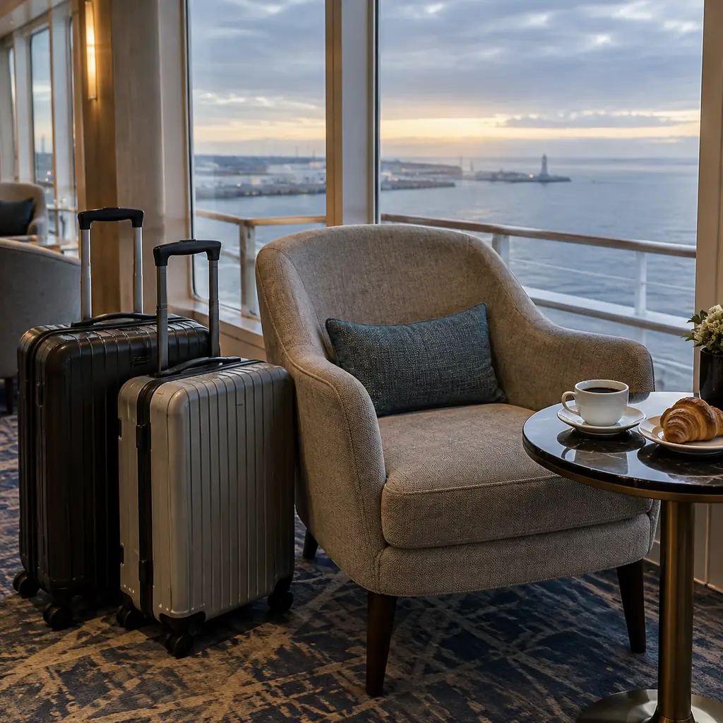 Carry-on bags beside an armchair with coffee and a croissant in a ship lounge on disembarkation morning