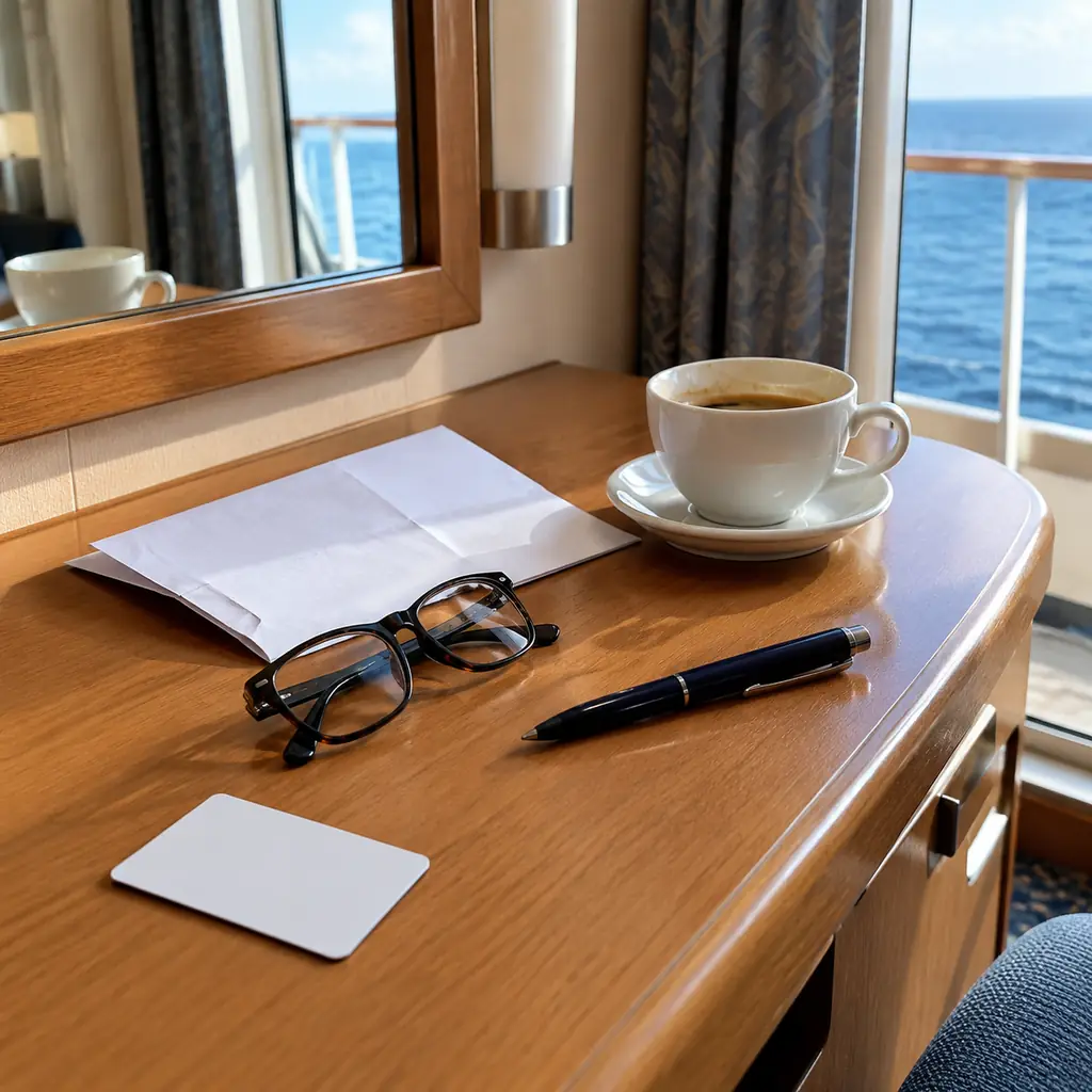 A keycard, folded onboard account statement, reading glasses and coffee on a cruise cabin desk