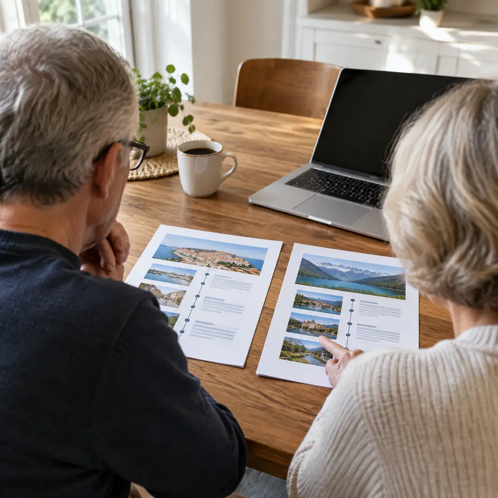 An older couple at a kitchen table comparing two printed cruise itineraries beside a laptop