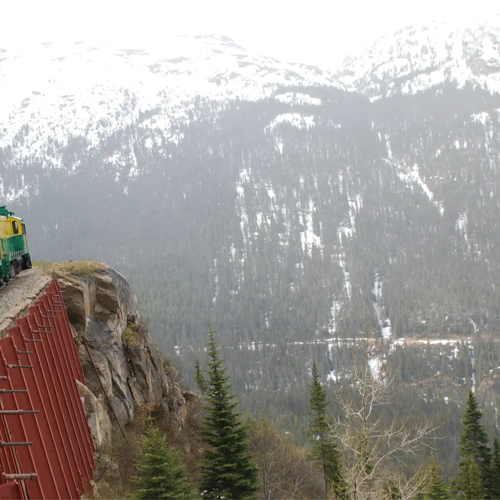The White Pass and Yukon Route train climbing the mountain pass above Skagway, Alaska.