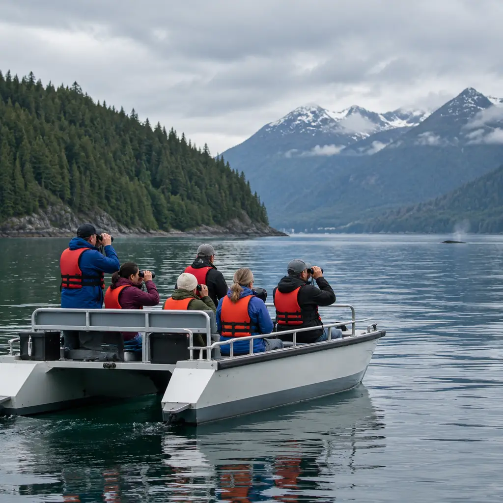 A small excursion boat with passengers scanning Alaska's Inside Passage waters for wildlife.