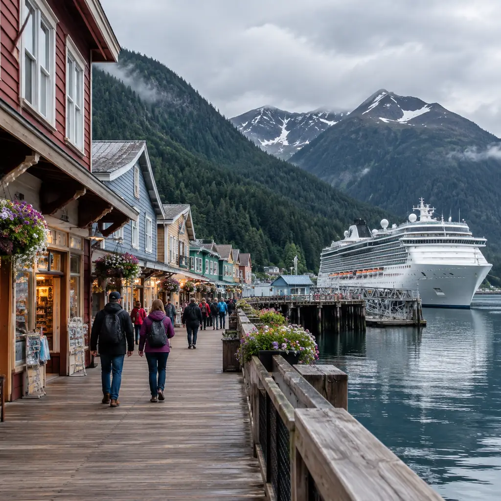 A small Southeast Alaska cruise port town with a ship docked in the background.