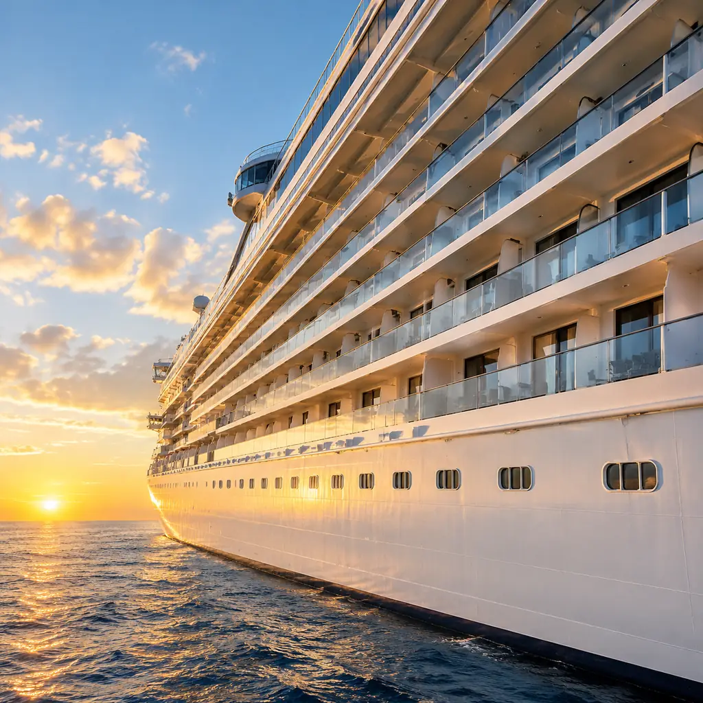 Rows of balcony cabins stacked along the side of a cruise ship at sunset, illustrating the range of cabin tiers covered in this guide.