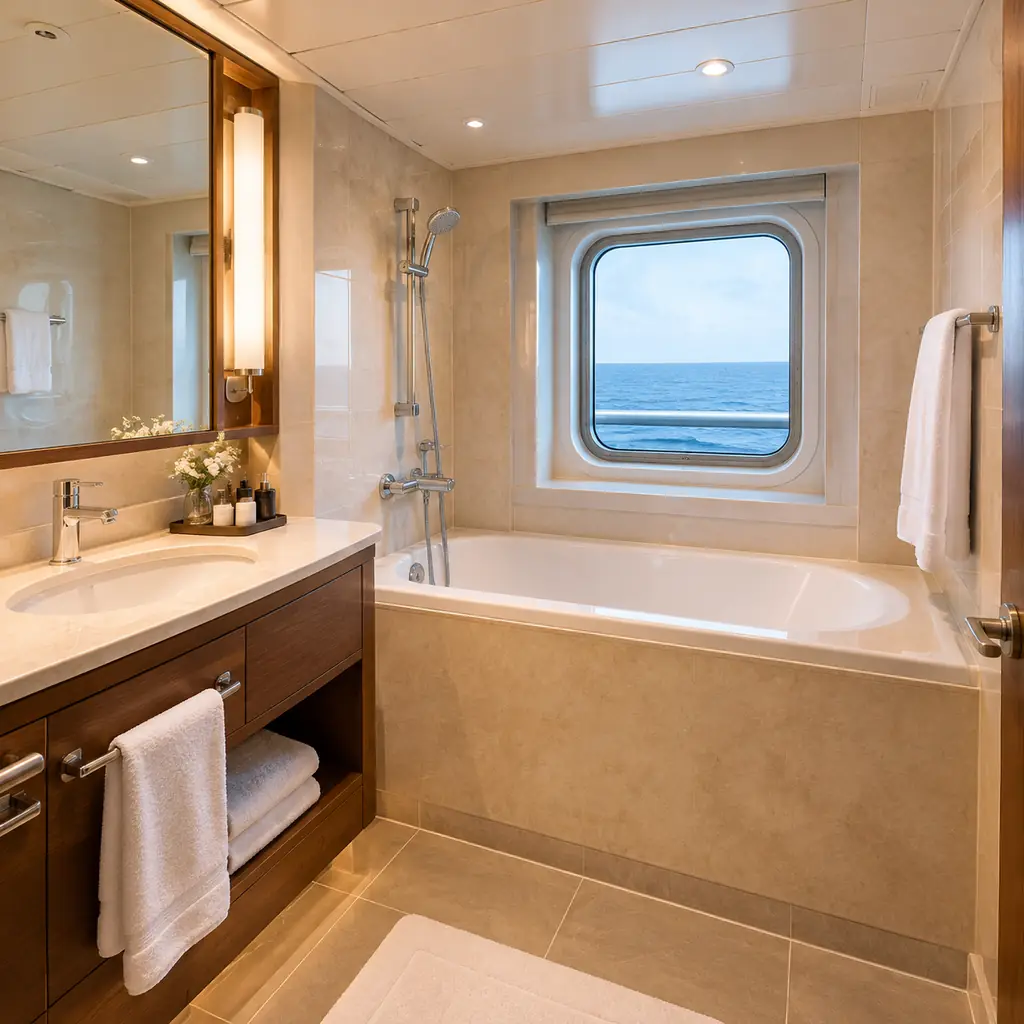 A cruise mini-suite bathroom with a built-in bathtub beneath a small window, the kind of upgrade some mini-suite categories add over a standard shower-only bathroom.
