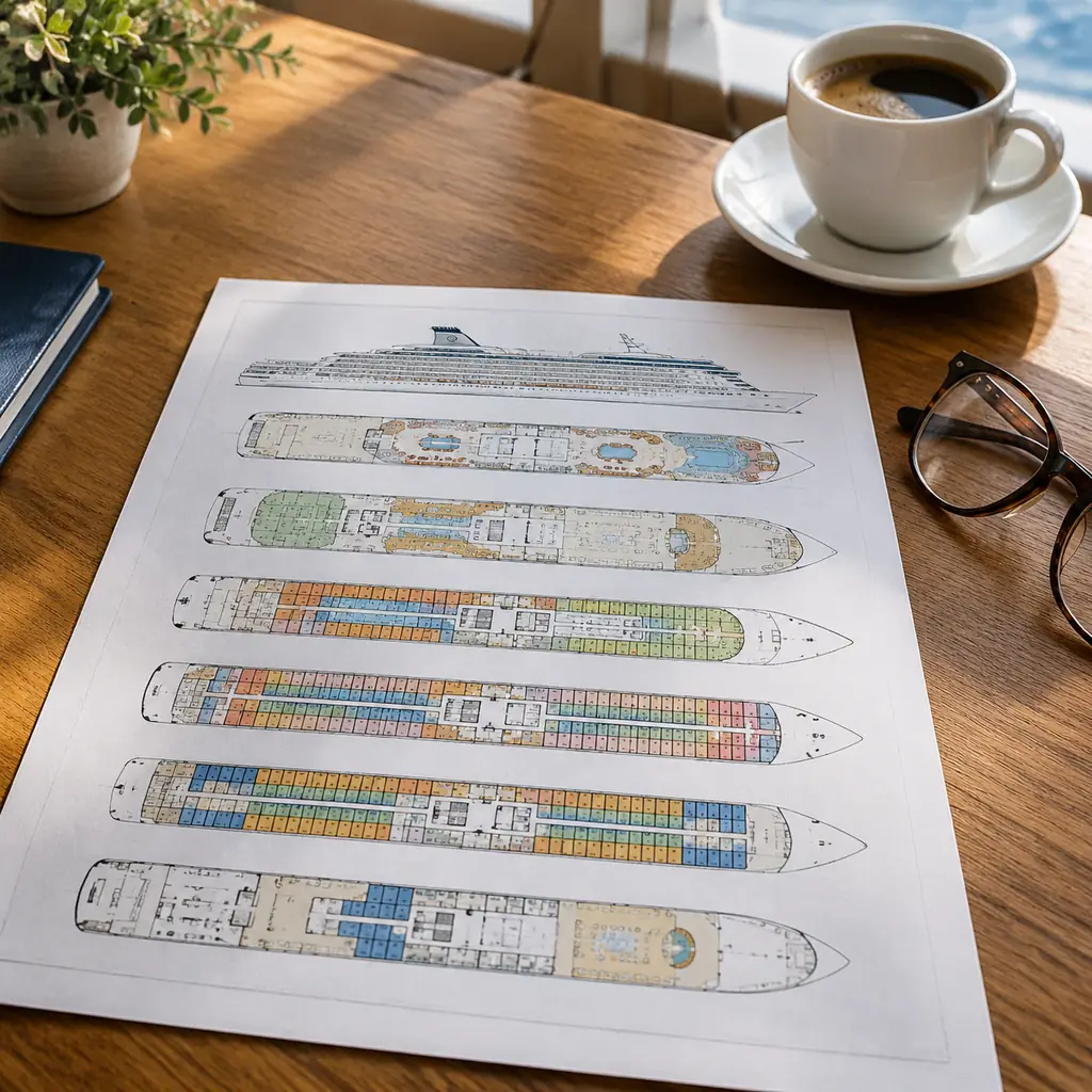 A printed cruise ship deck plan spread on a table, the kind of reference worth checking before assuming any upgrade includes a given perk.