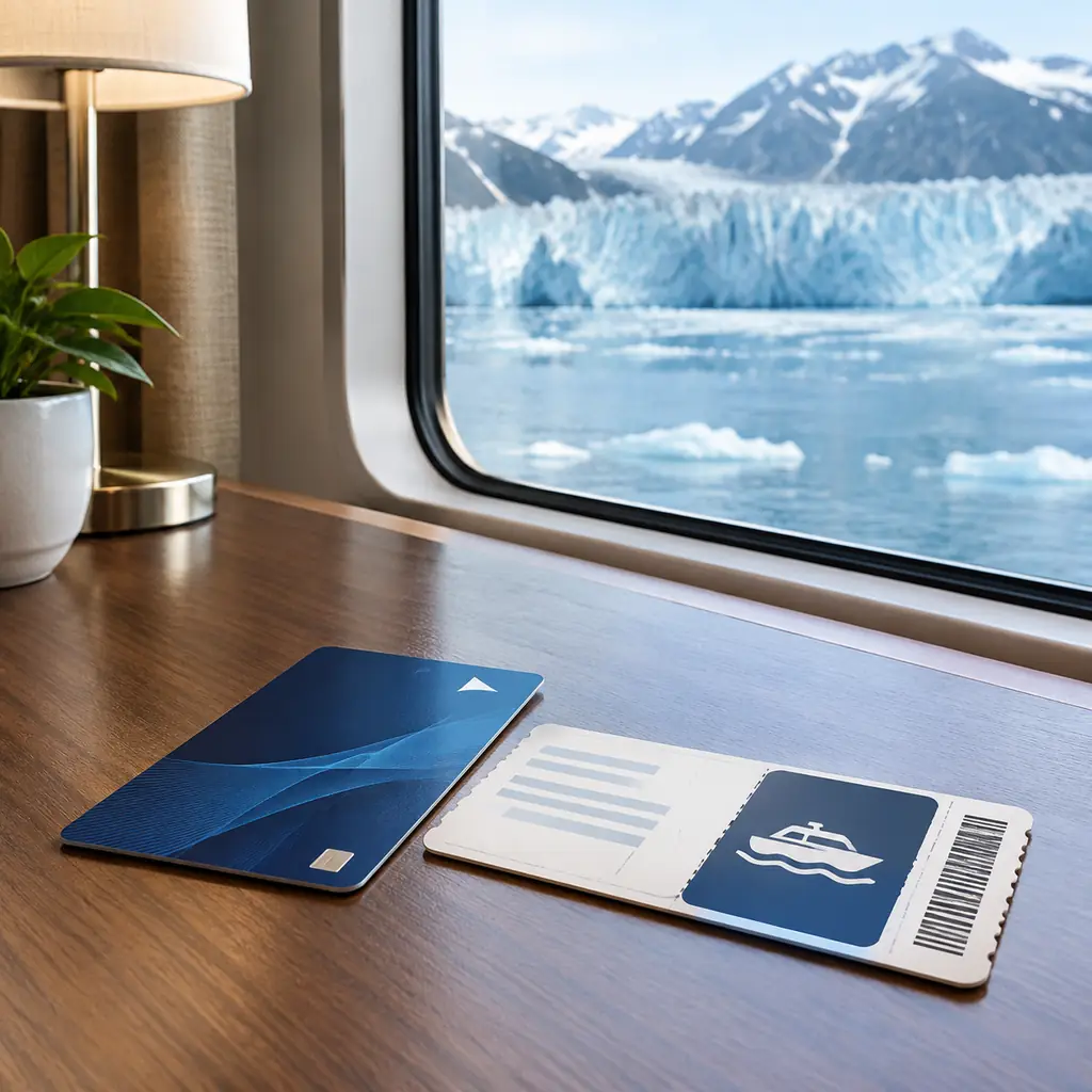 A suite keycard and tender boarding pass on a cabin desk with a glacier view outside, illustrating the priority tendering benefit.