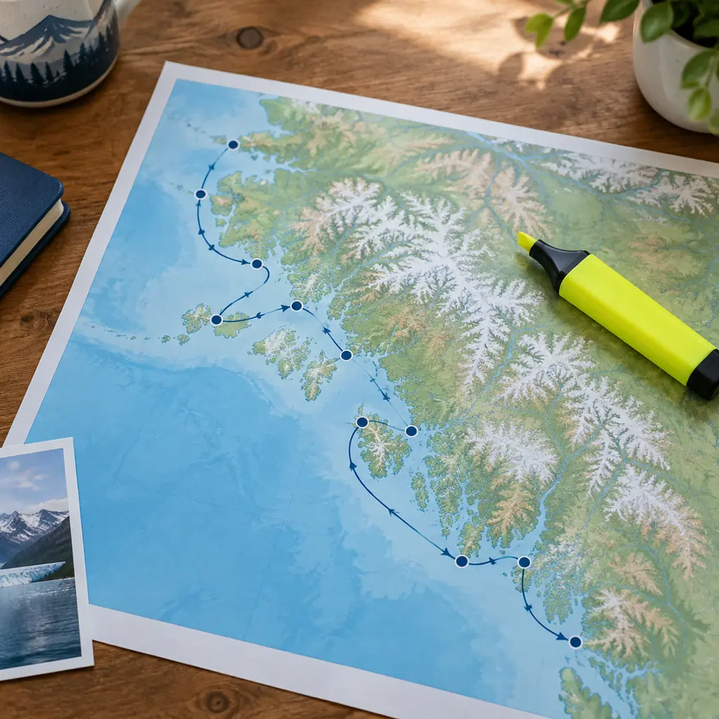 A printed Alaska cruise itinerary map on a desk, illustrating the importance of checking a sailing's exact route before booking a route-specific upgrade.